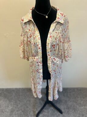 Free People Floral Button-Front Top or Dress in Cream, Red & Yellow size L